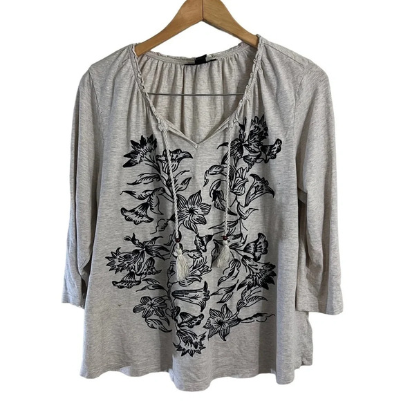 Style & Co. Tops - Style & Co. Beige Flower Embroidered Top XL Tassels V Neck 3/4 Sleeves Pullover